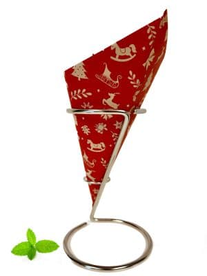 Paper chip cones decorated with a red Christmas motif, featuring festive patterns and designs. Perfect for holding a portion of chips, holiday treats holiday or gifts