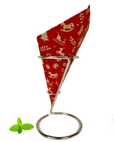 Paper chip cones decorated with a red Christmas motif, featuring festive patterns and designs. Perfect for holding a portion of chips, holiday treats holiday or gifts